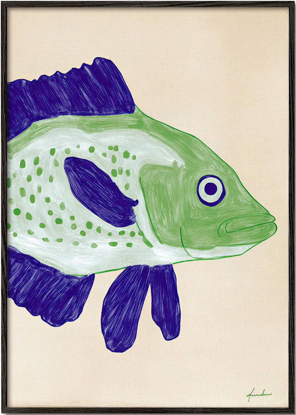 Fisch-Illustration mit grünem Körper und blauen Strichen