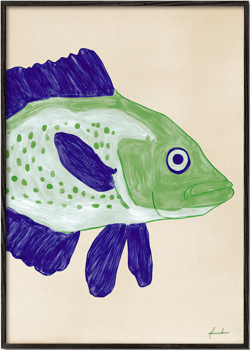 Fisch-Illustration mit grünem Körper und blauen Strichen