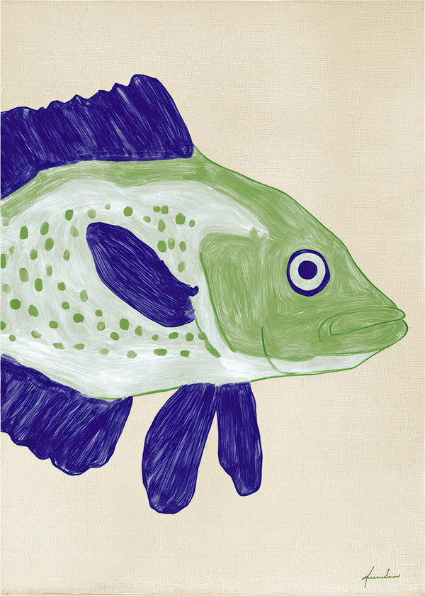 Fisch-Illustration mit grünem Körper und blauen Strichen