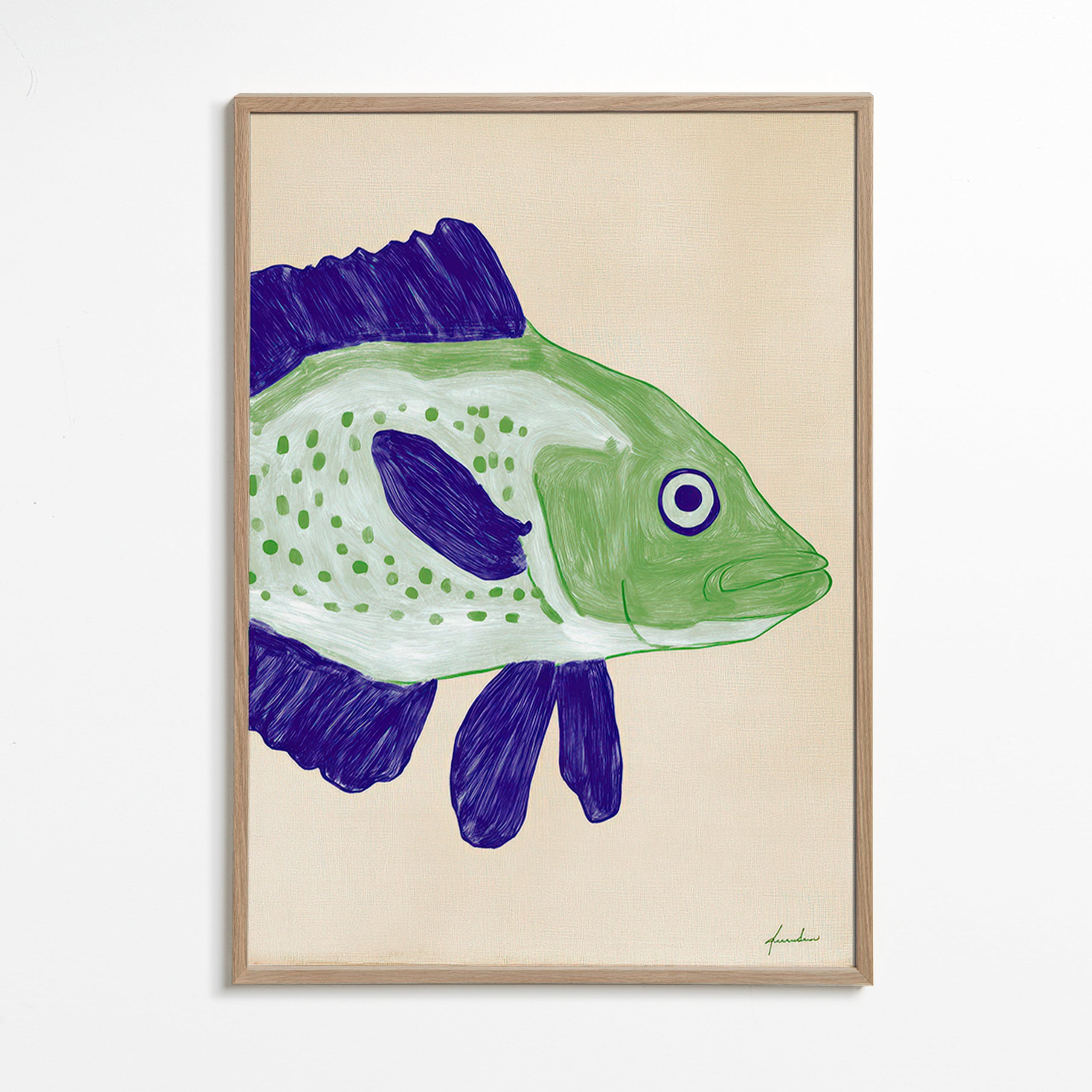 Fisch-Illustration mit grünem Körper und blauen Strichen