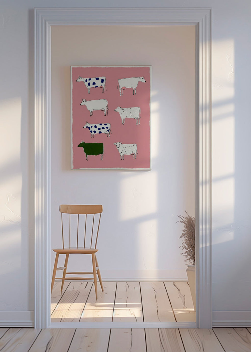 Kunstwerk mit verspielten Kühen auf rosa Hintergrund