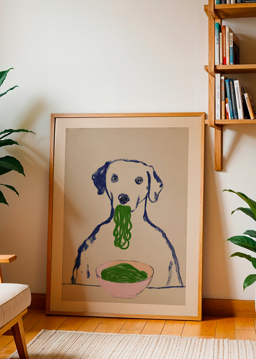 Küchenkunst: Hund mit Nudeln