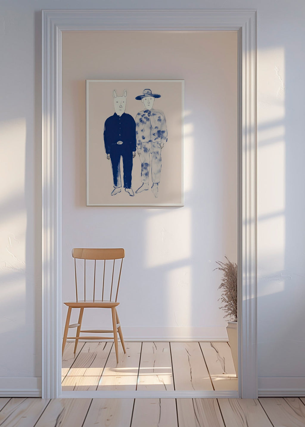 Illustration mit zwei Figuren und Hasen in blauer Tinte