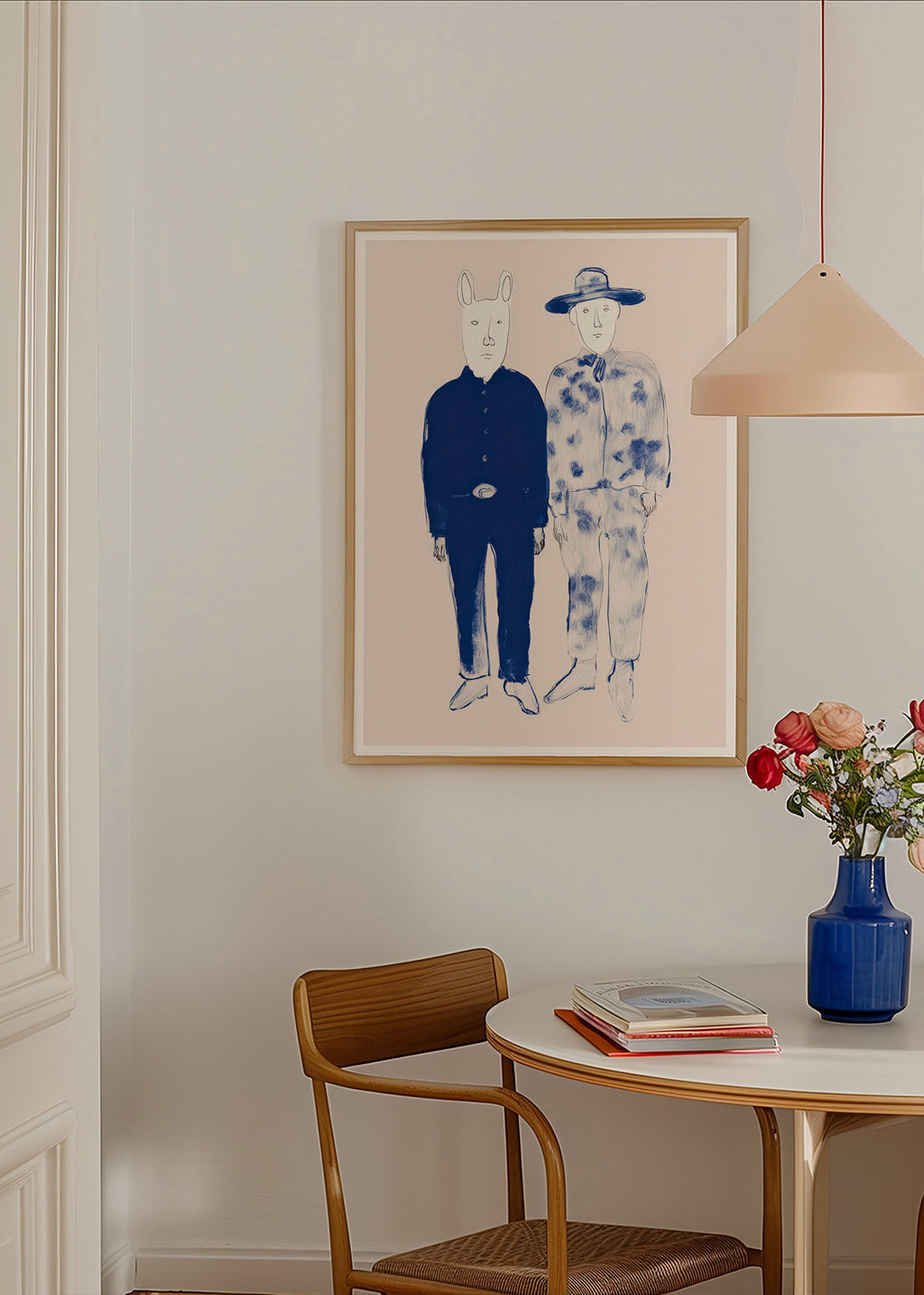 Illustration mit zwei Figuren und Hasen in blauer Tinte