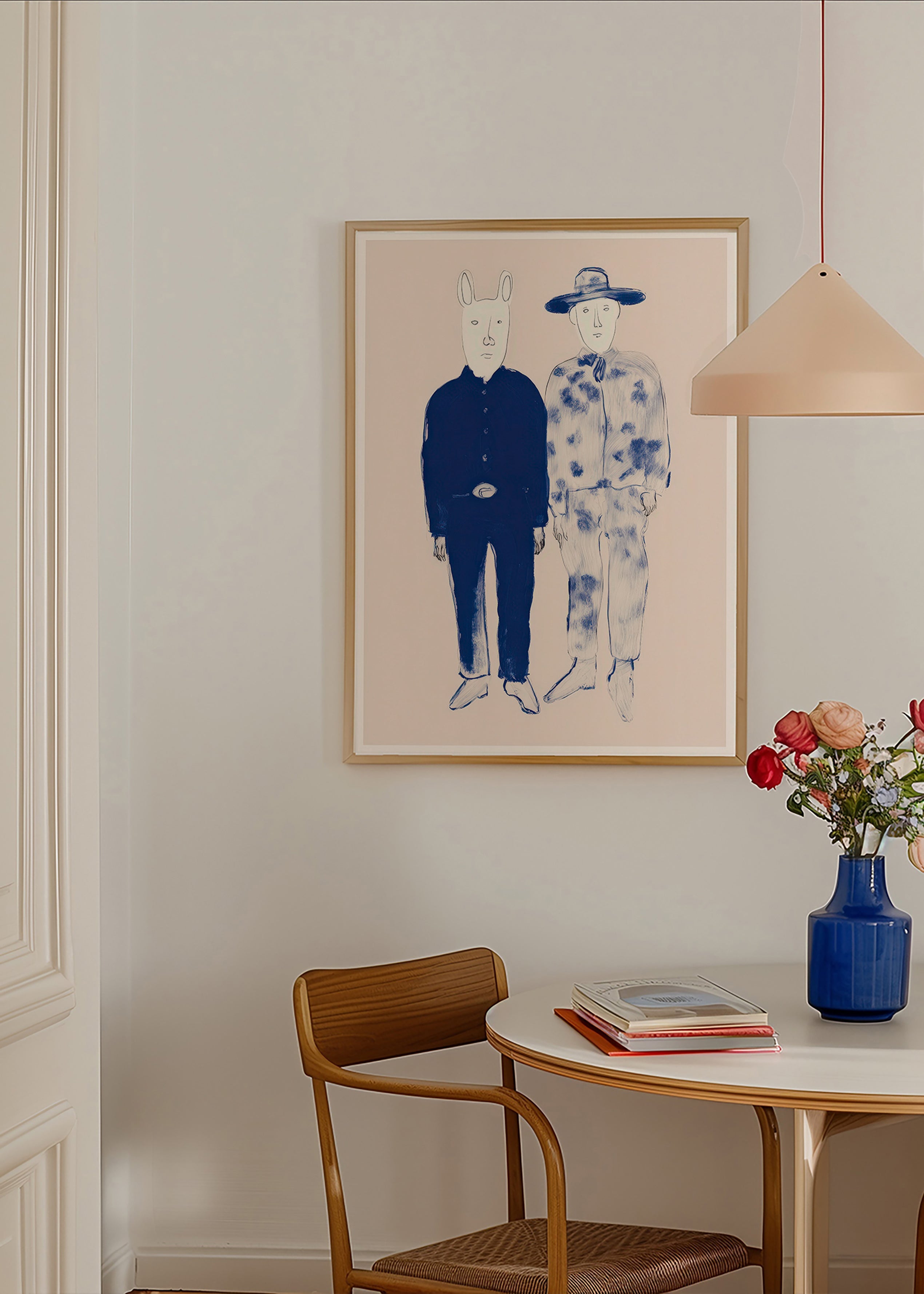 Illustration mit zwei Figuren und Hasen in blauer Tinte