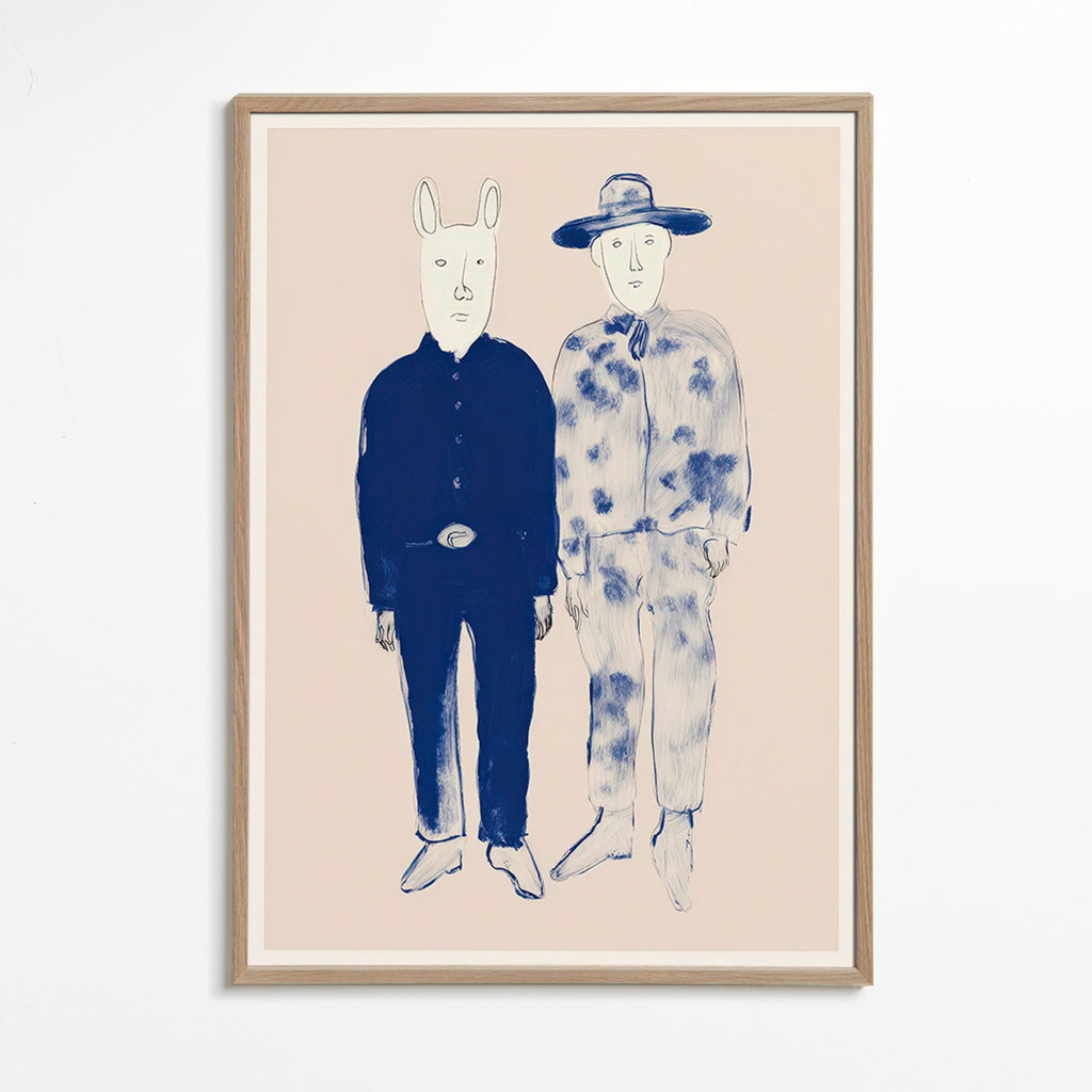 Illustration mit zwei Figuren und Hasen in blauer Tinte