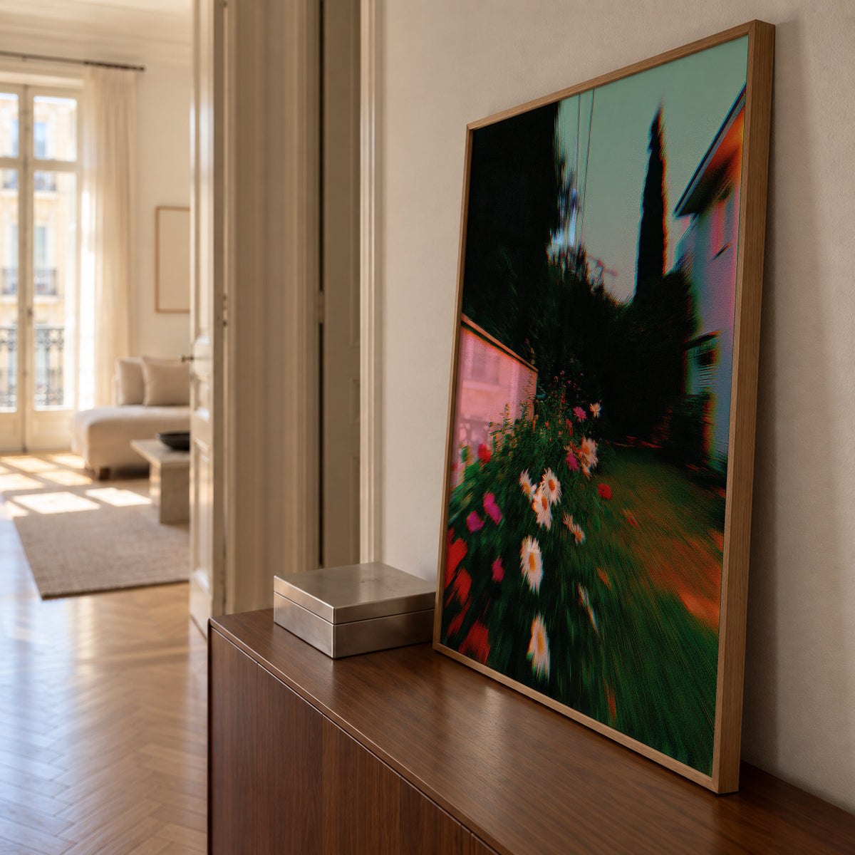 Blurred Garden - Framed poster in an interior