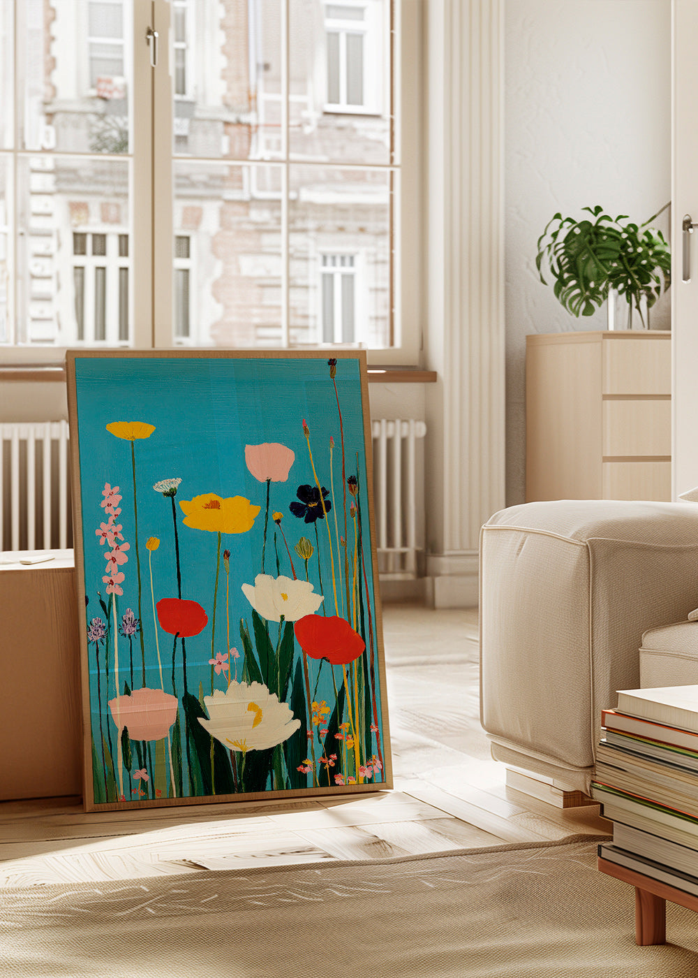 Botanischer Druck: Wildblumen vor blauem Grund