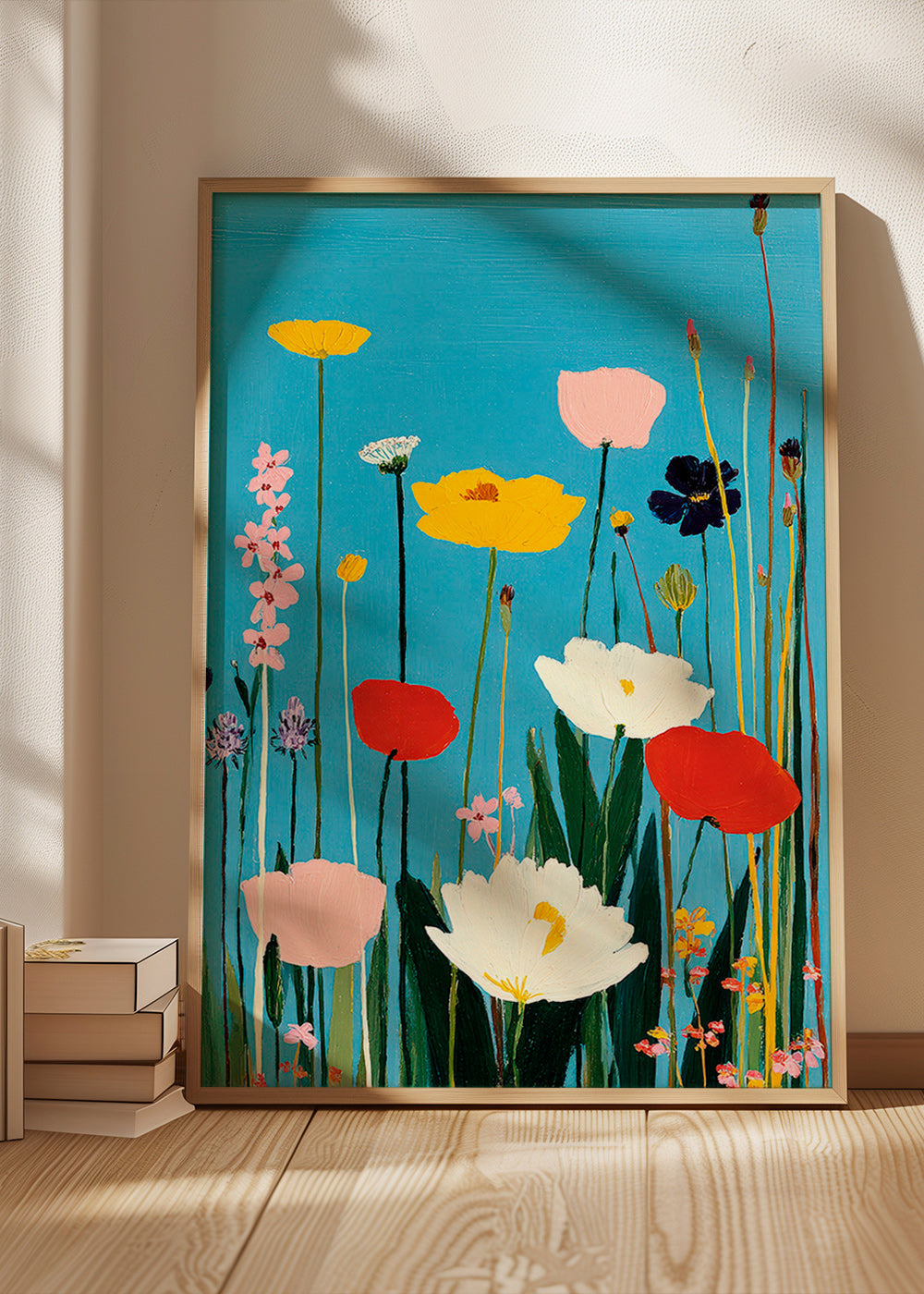 Botanischer Druck: Wildblumen vor blauem Grund