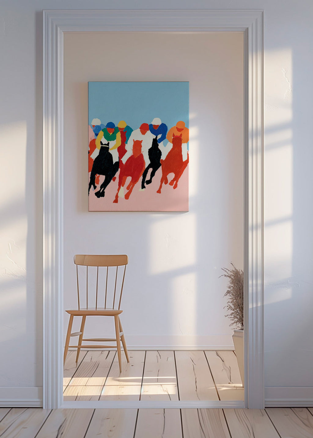 Sportkunst: farbenfrohes Pferderennen
