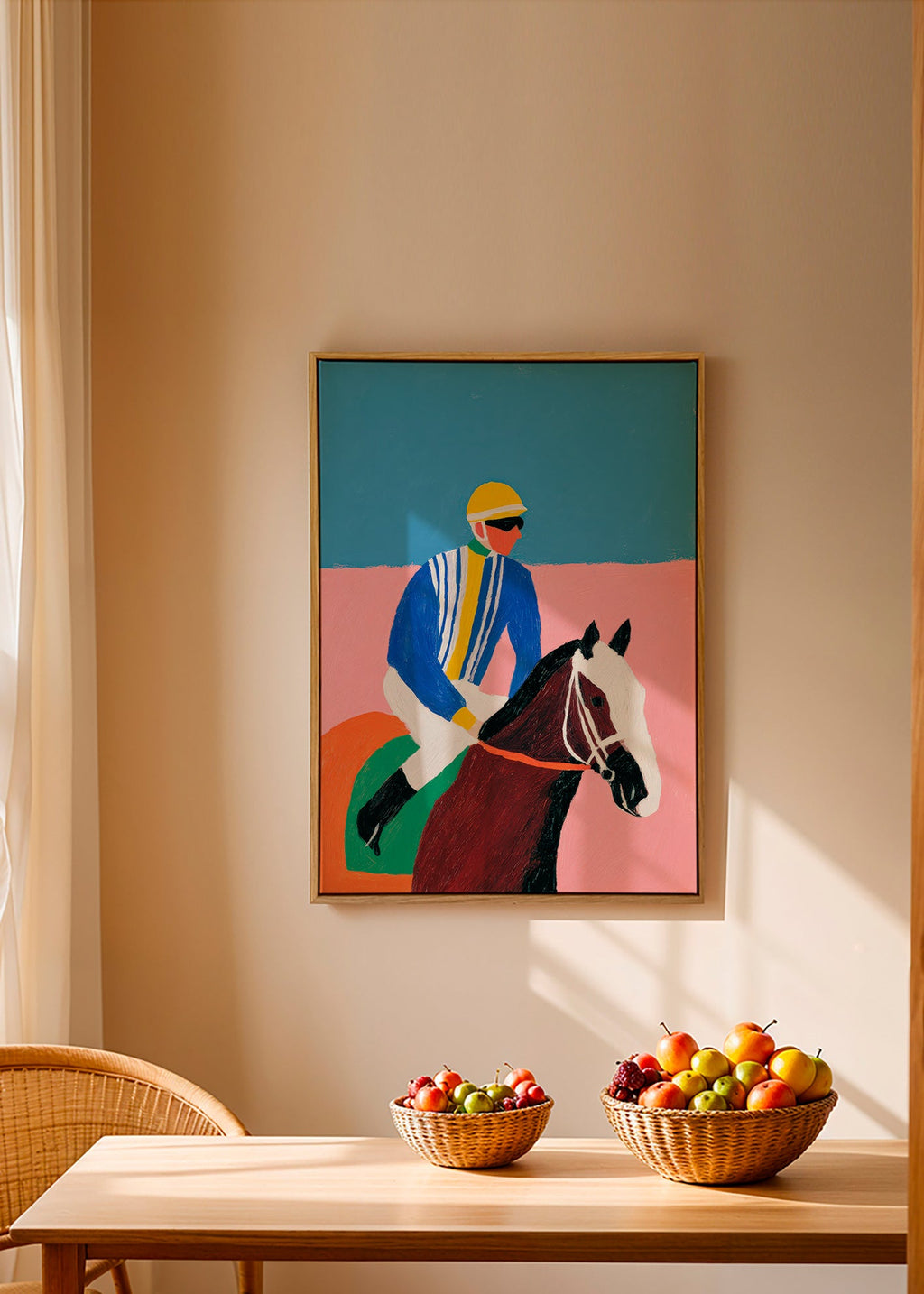 Sportkunst: Jockey und Pferd in flachen Farben