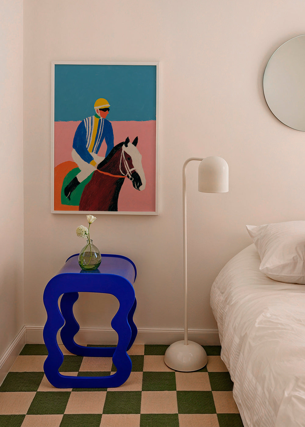 Sportkunst: Jockey und Pferd in flachen Farben
