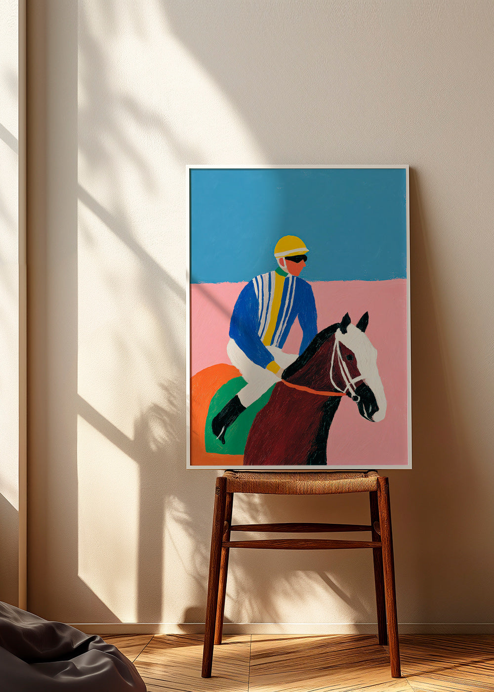 Sportkunst: Jockey und Pferd in flachen Farben