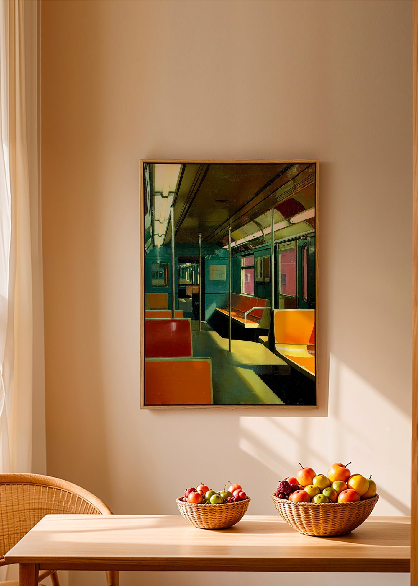 Reisposter: leer U-Bahn-Wagen im warmen Licht