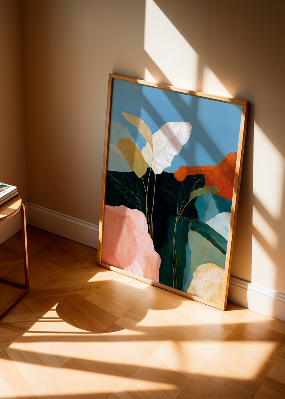 Botanischer Druck weiße Blätter und Felsformen