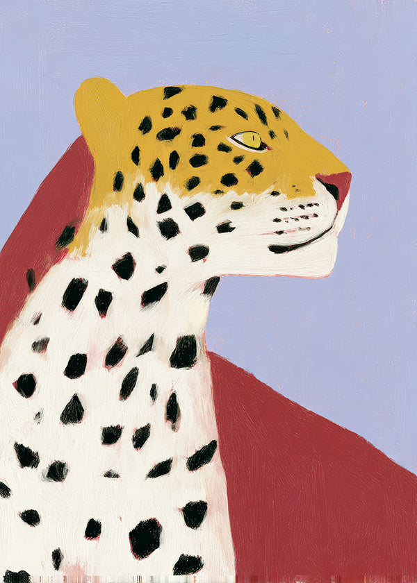 Leopard im Profil vor lavendelfarbenem Hintergrund