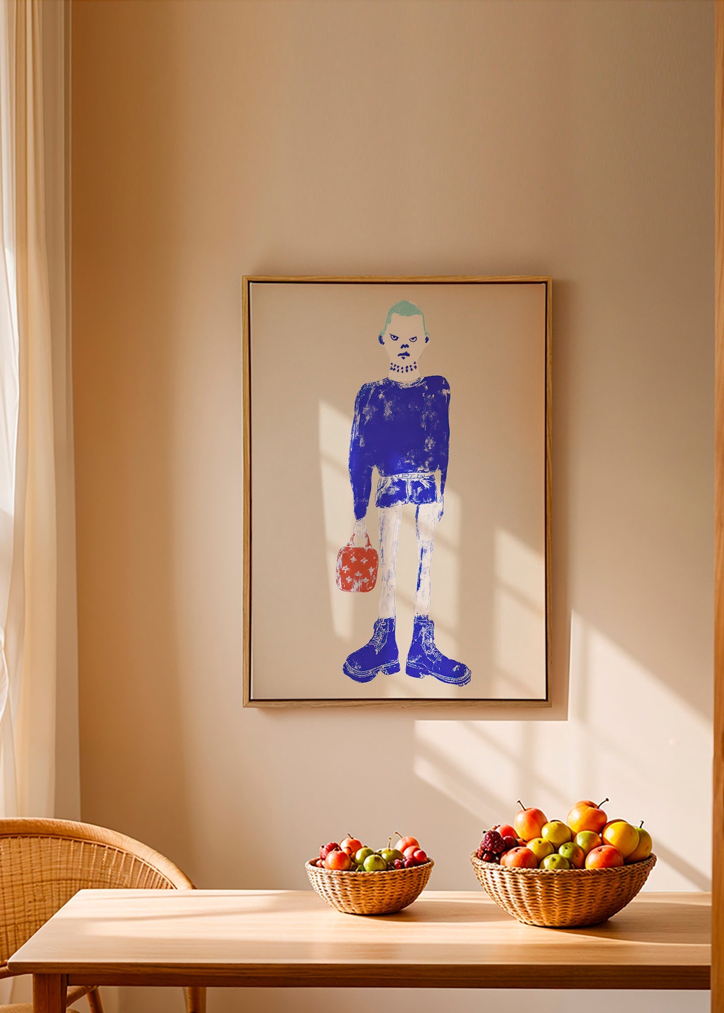 Blaue Figurenillustration mit Tasche