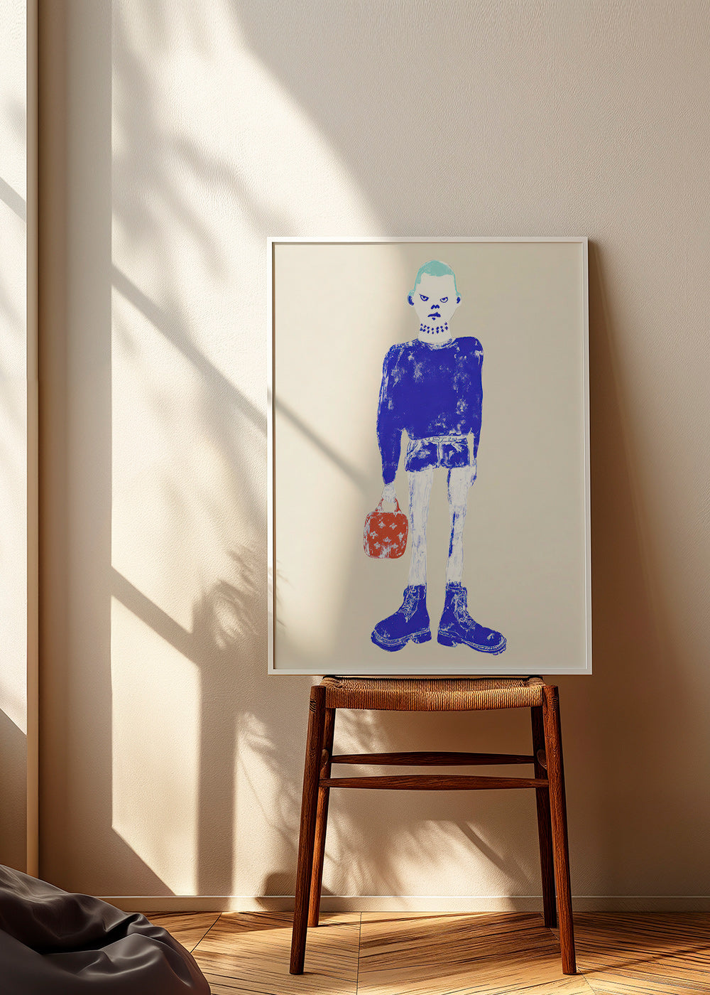 Blaue Figurenillustration mit Tasche