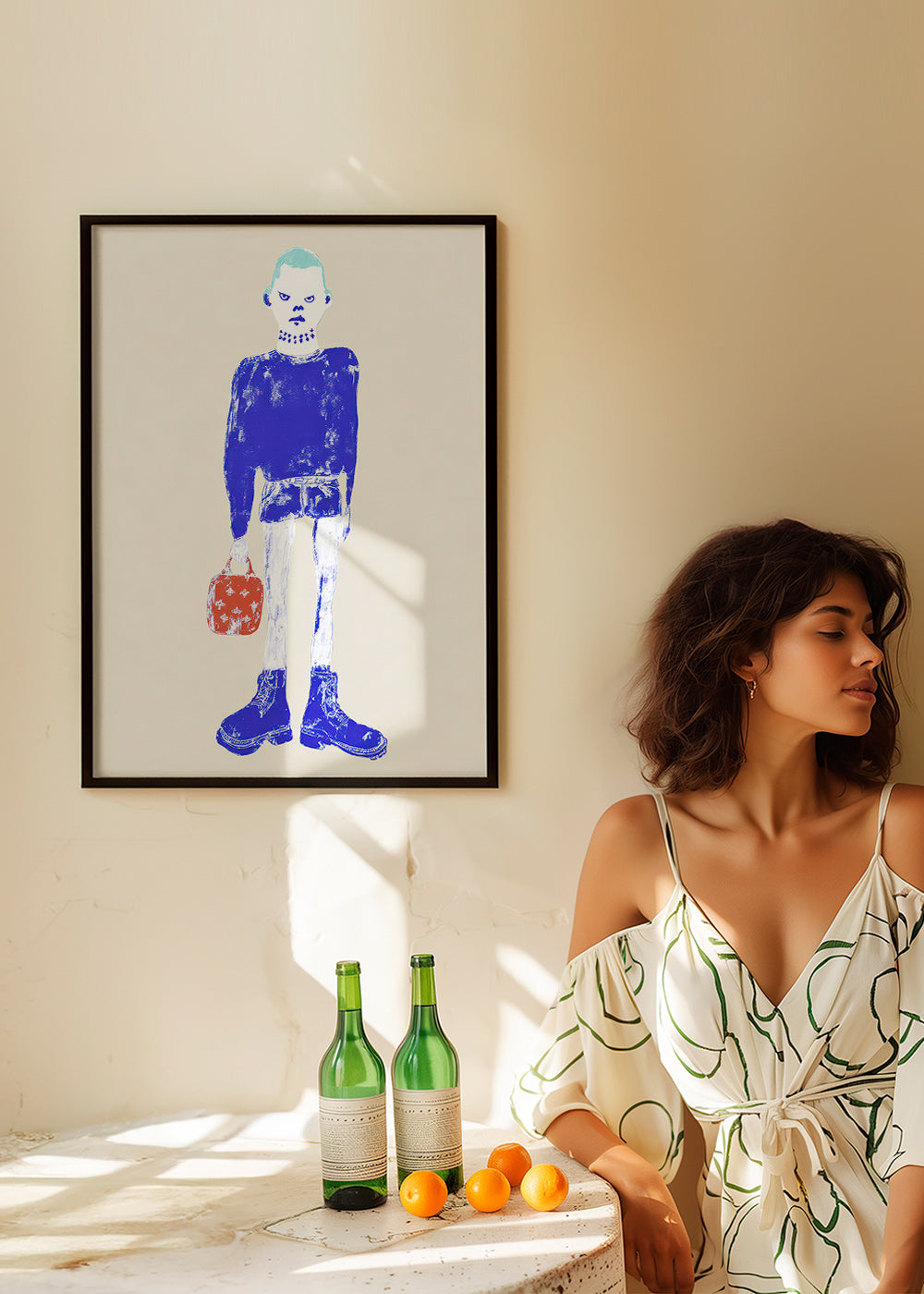 Blaue Figurenillustration mit Tasche