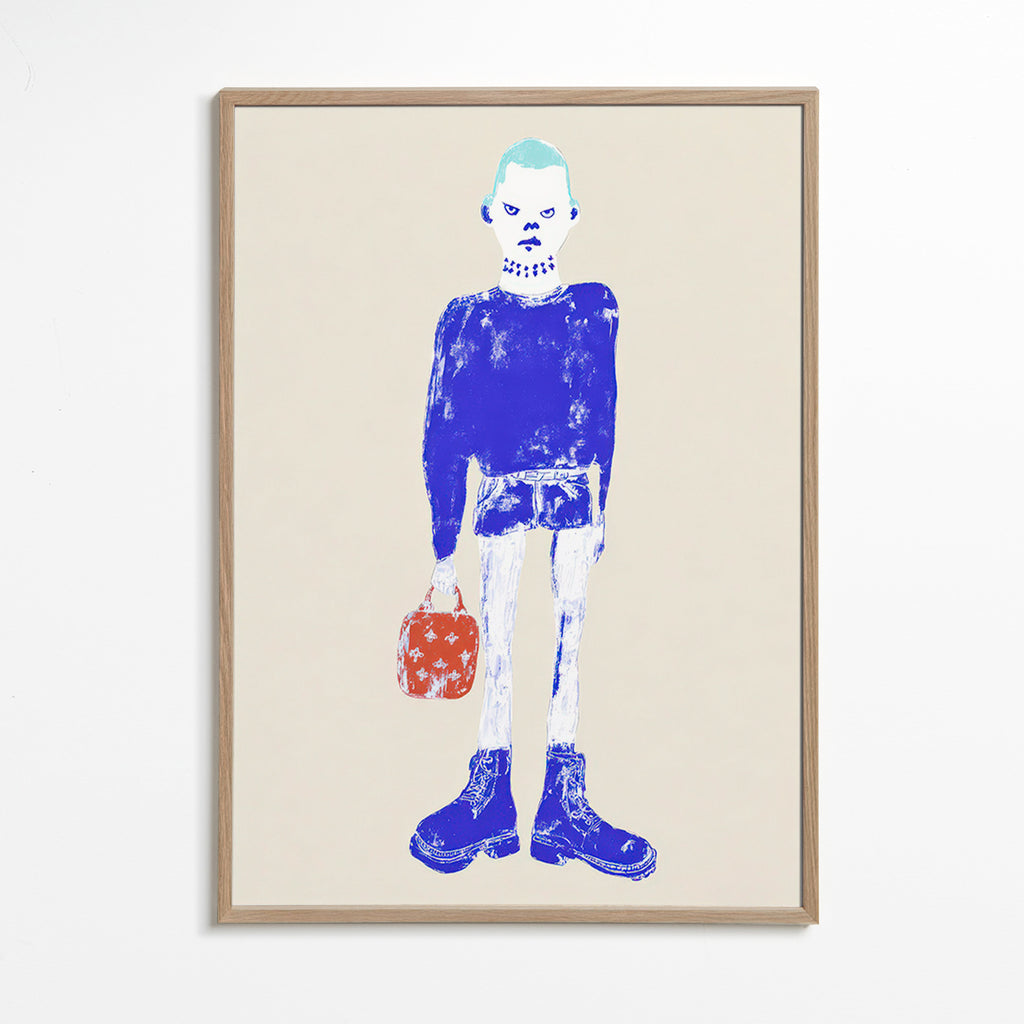 Blaue Figurenillustration mit Tasche