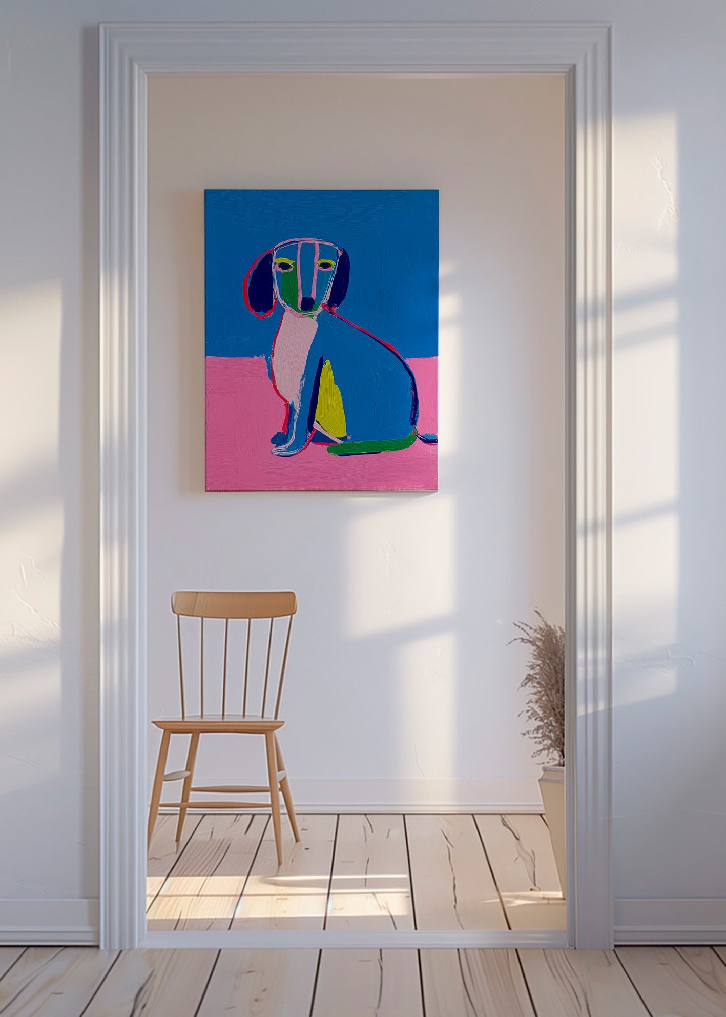 Kunstwerk Neonhund Farbblock