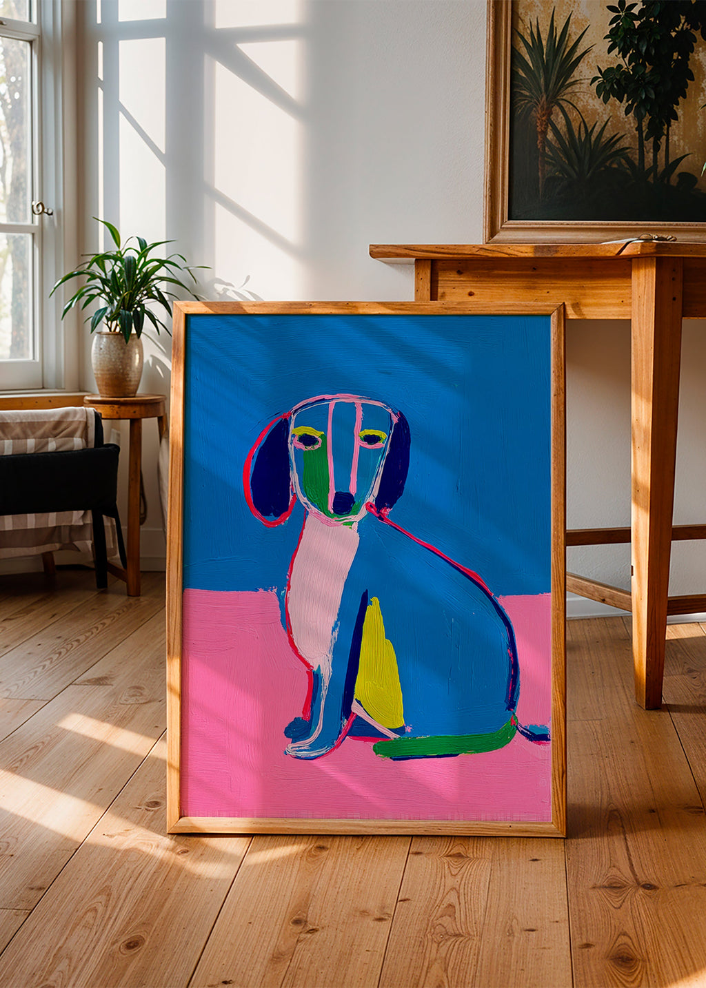 Kunstwerk Neonhund Farbblock