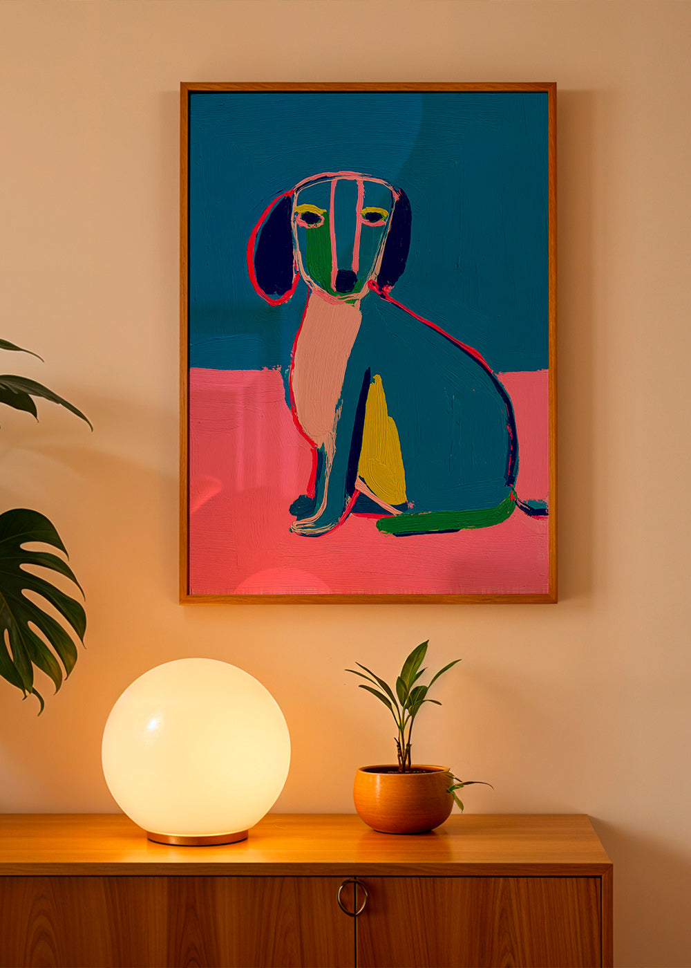 Kunstwerk Neonhund Farbblock
