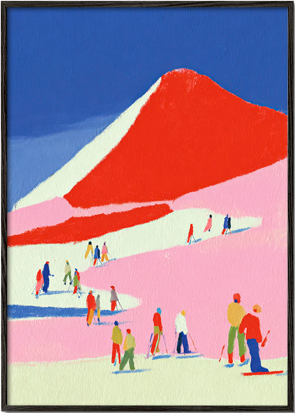 Landschaftskunst: roter Berg mit Skifahrern