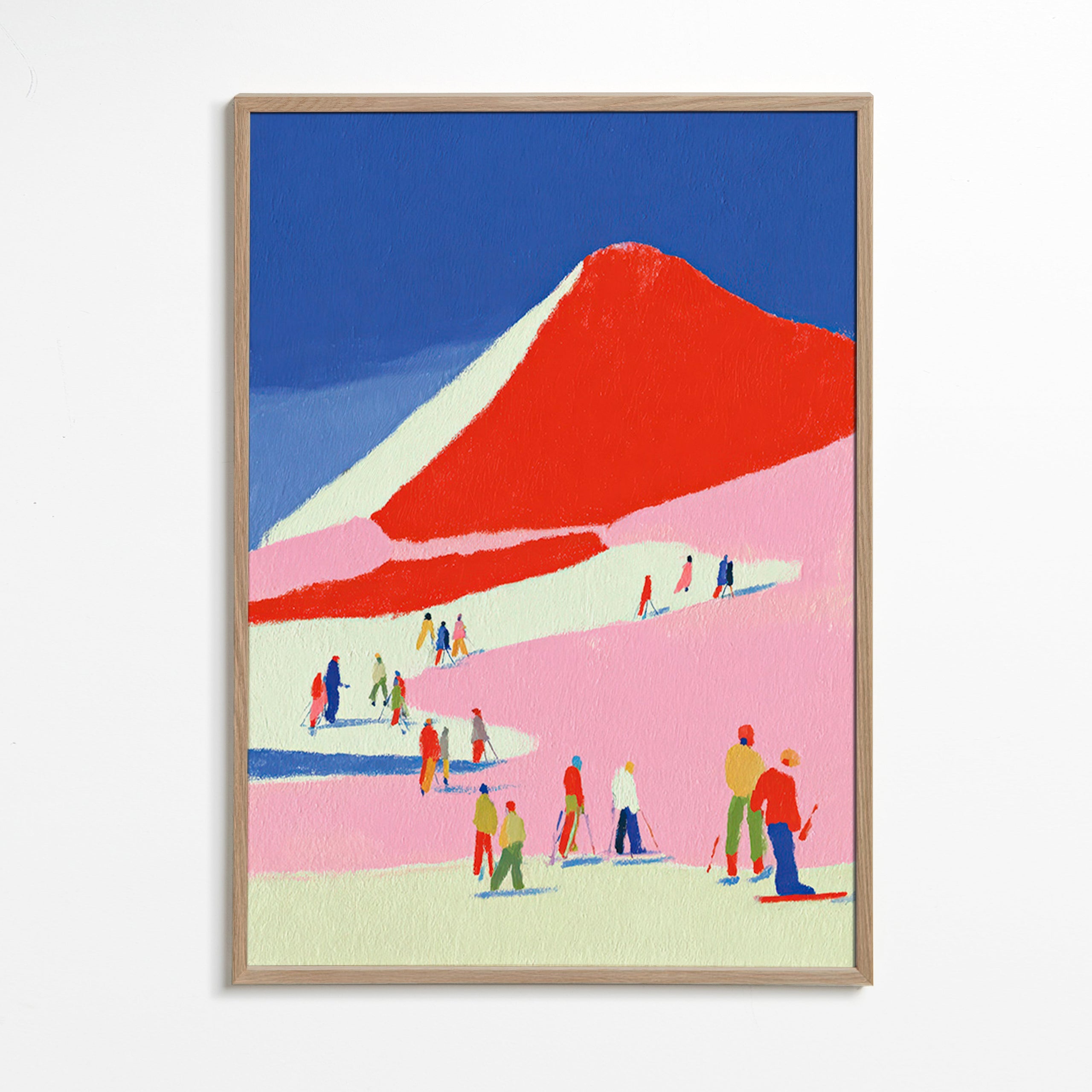 Landschaftskunst: roter Berg mit Skifahrern