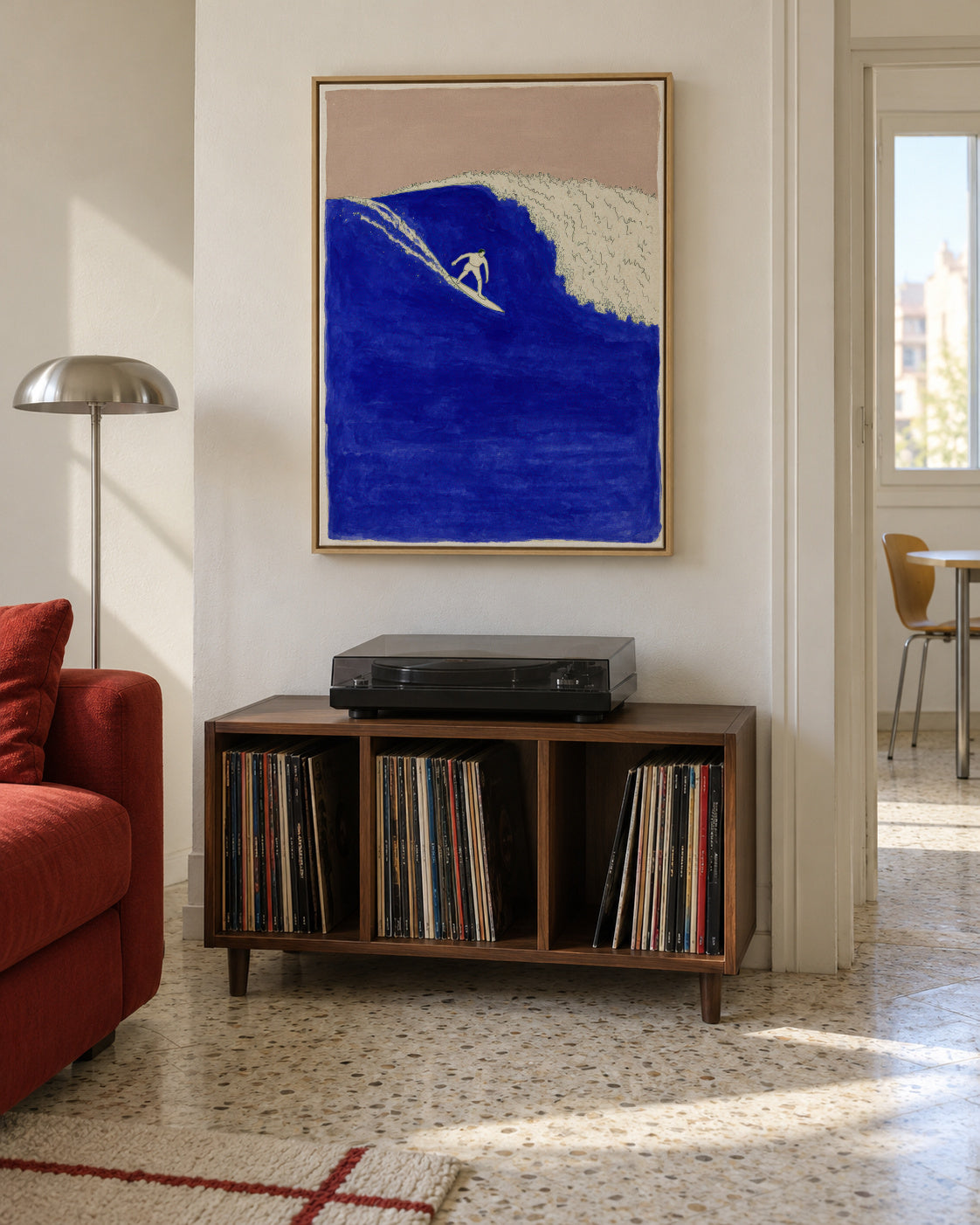 Blue Barrel Wave - Framed canvas in an interior