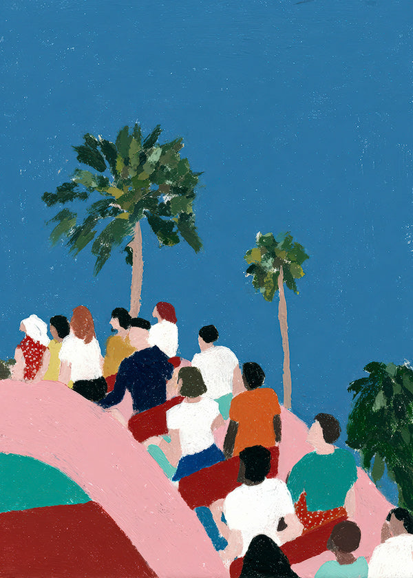 Illustration von Menschen auf einer Attraktion mit Palmen