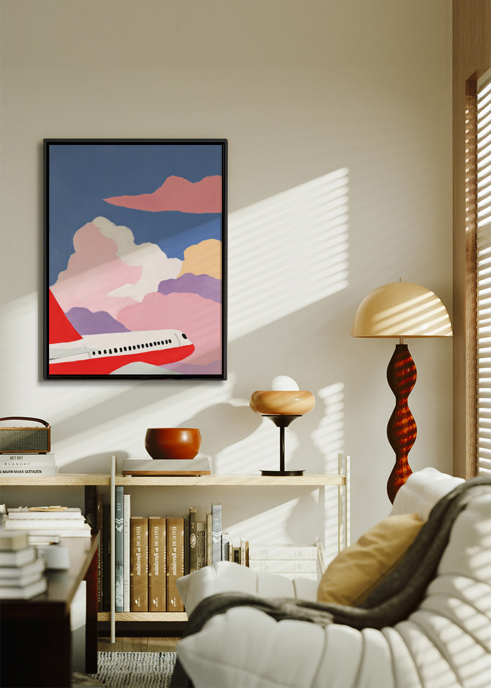 Illustration Flugzeug über rosa Wolken