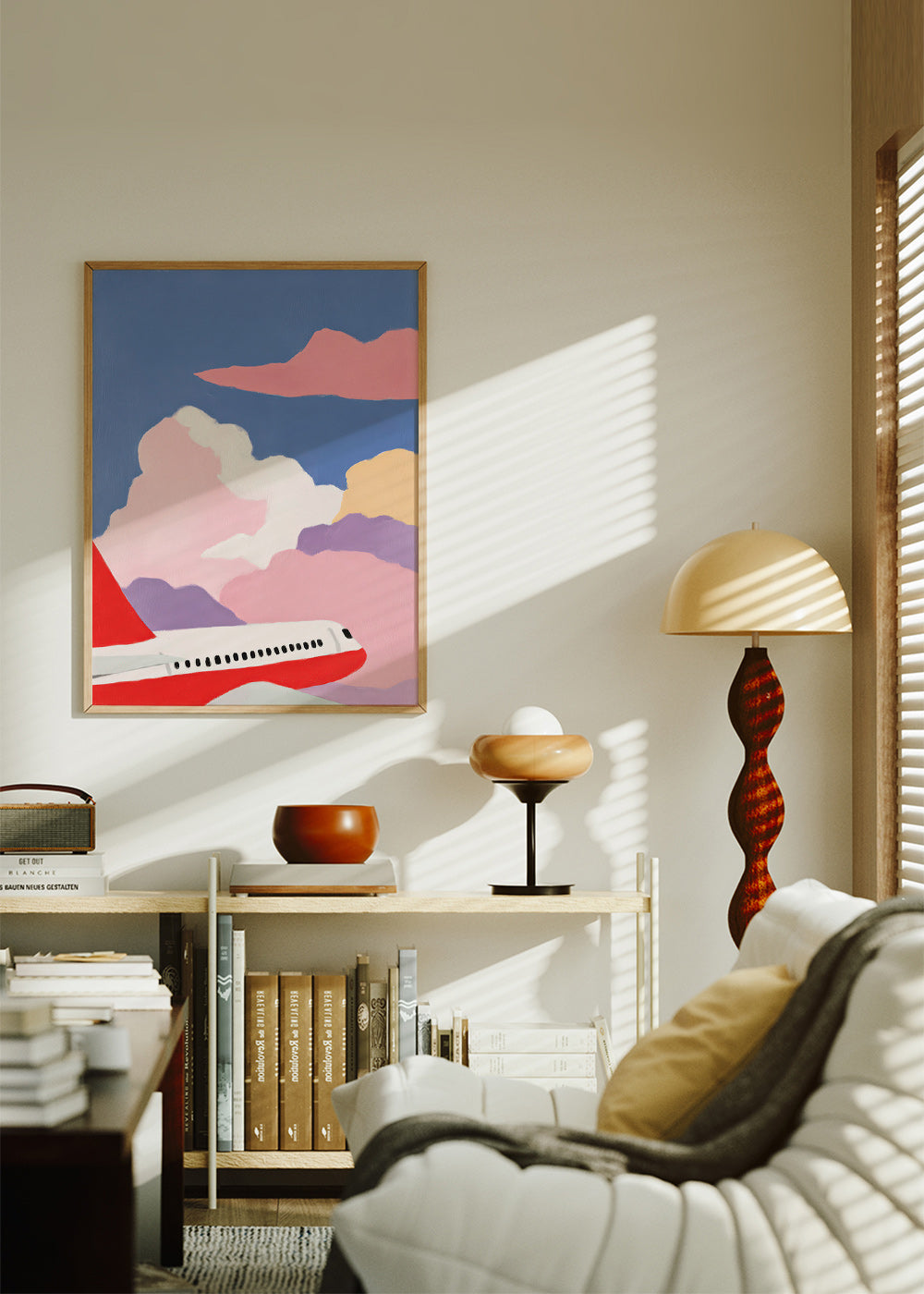 Illustration Flugzeug über rosa Wolken