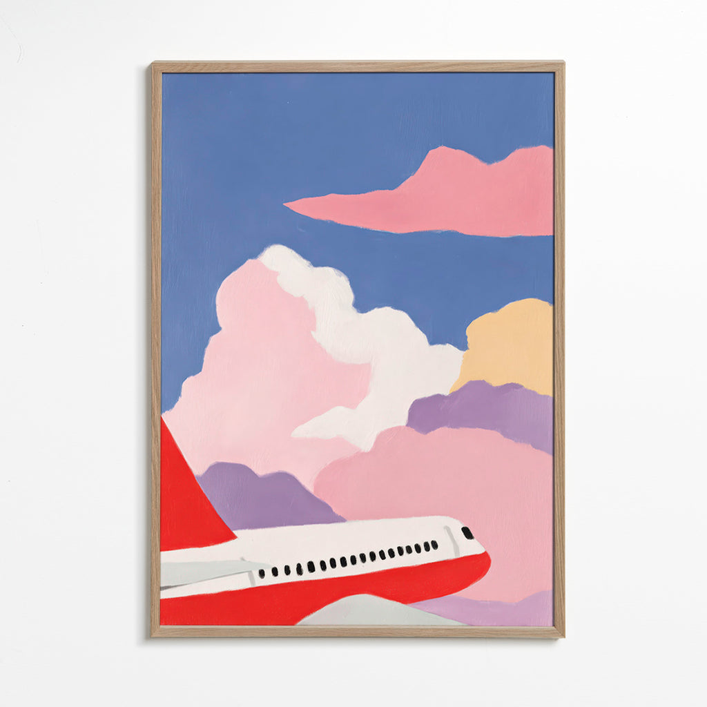 Illustration Flugzeug über rosa Wolken