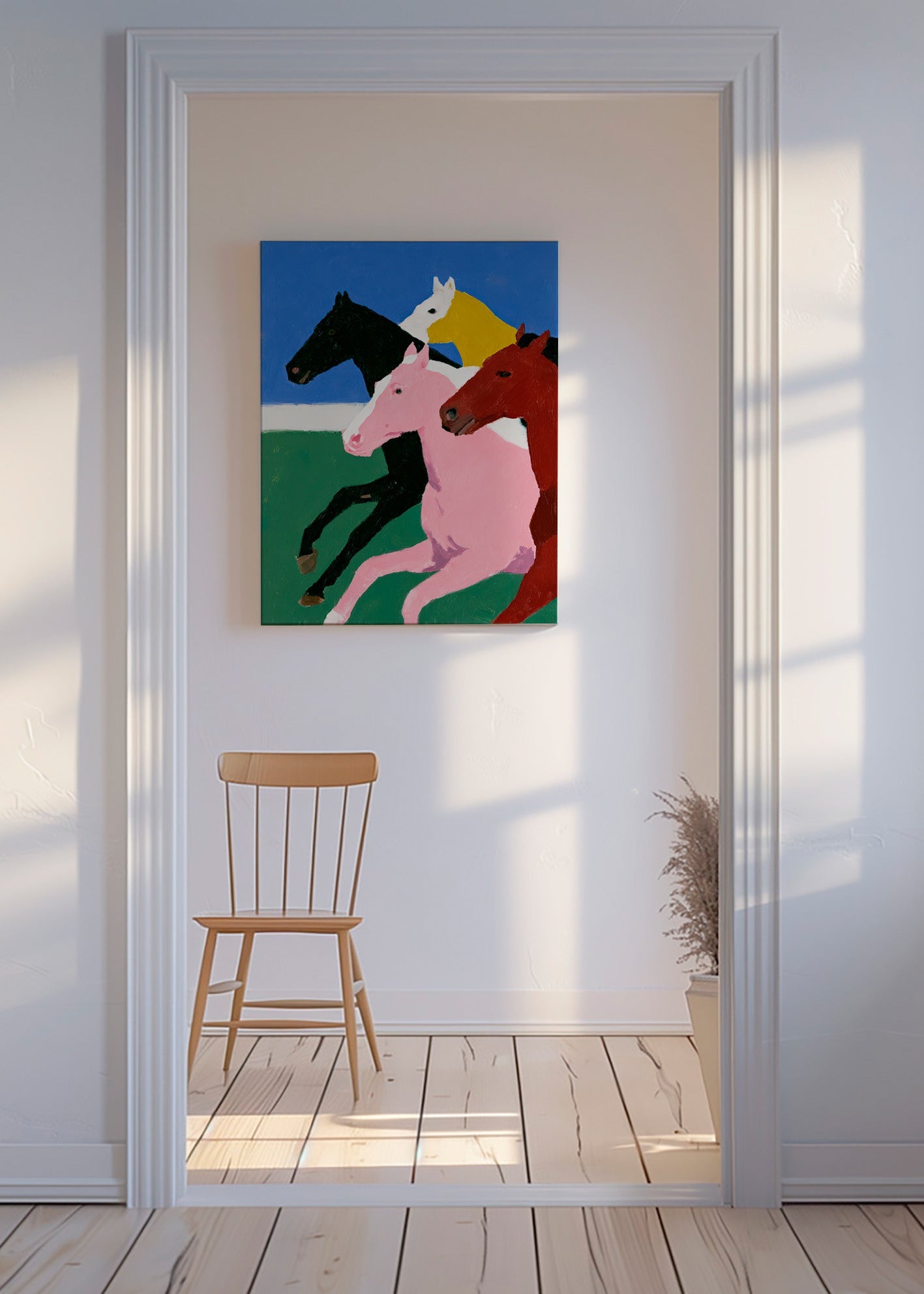 Kunstwerk vier galoppierende Pferde in flächigen Farben