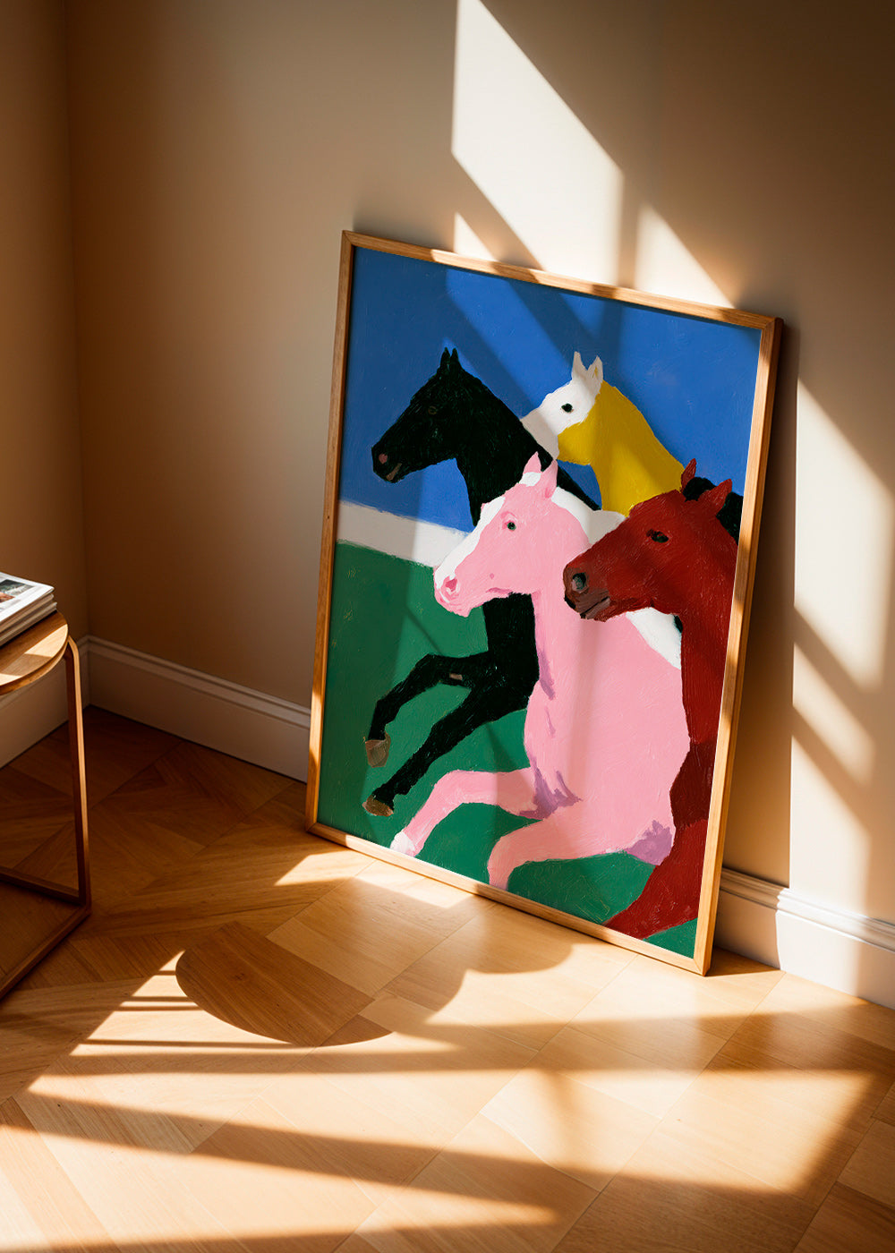 Kunstwerk vier galoppierende Pferde in flächigen Farben