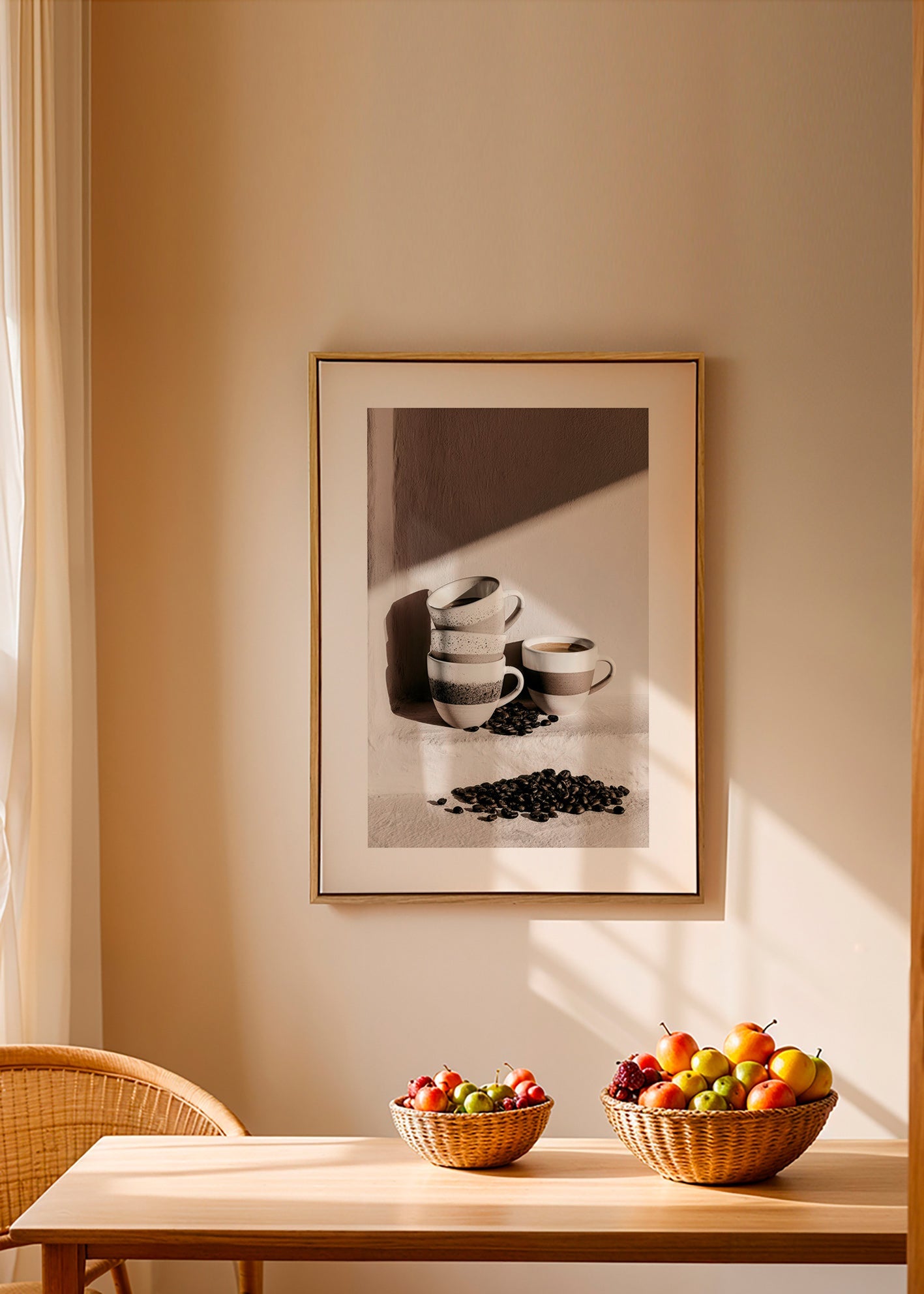 Küchenkunst mit gestapelten Tassen und Kaffeebohnen