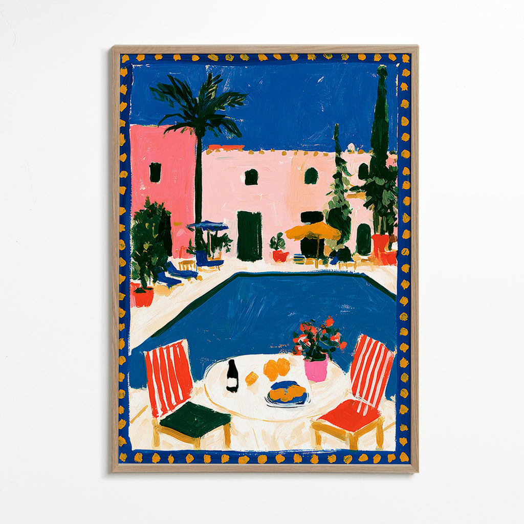 Reiseplakat: rosa Villa mit Pool