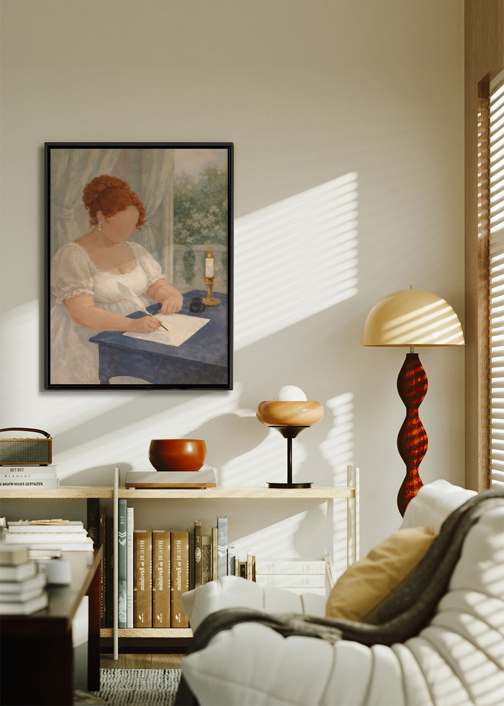 Illustration einer Dame, die bei Kerzenlicht schreibt