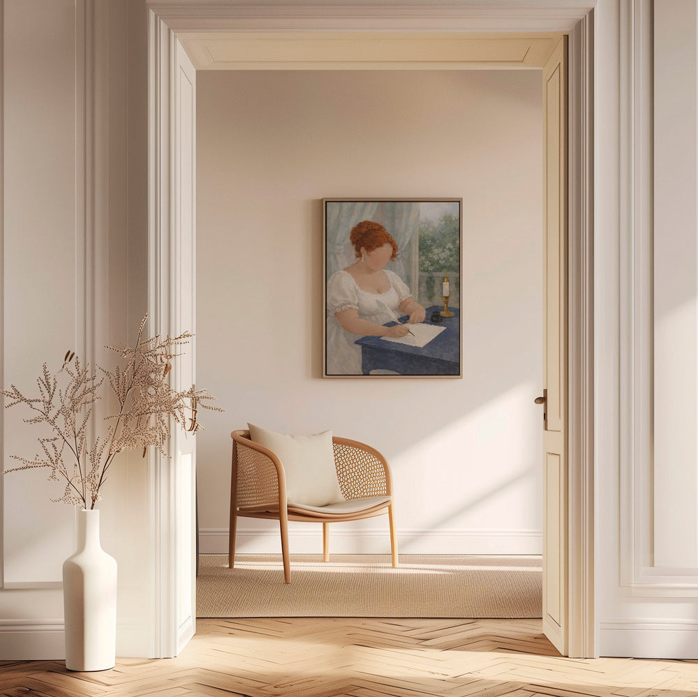 Illustration einer Dame, die bei Kerzenlicht schreibt