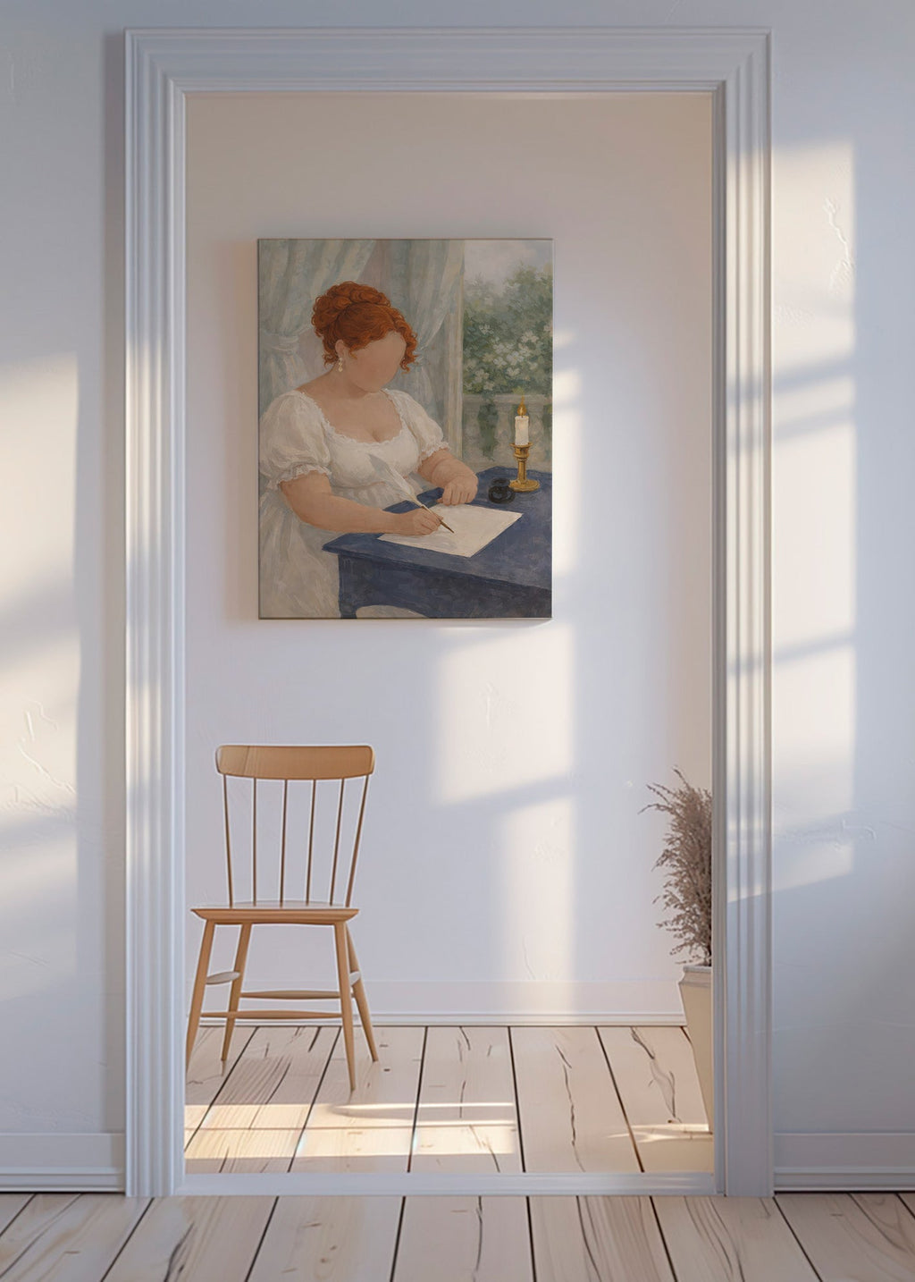 Illustration einer Dame, die bei Kerzenlicht schreibt