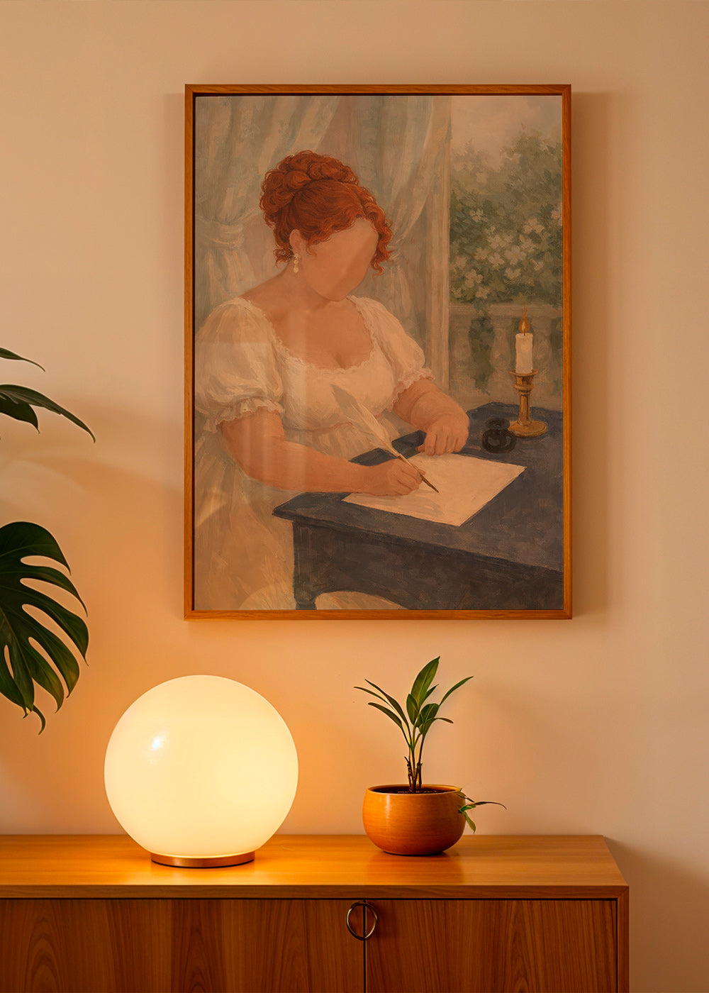 Illustration einer Dame, die bei Kerzenlicht schreibt
