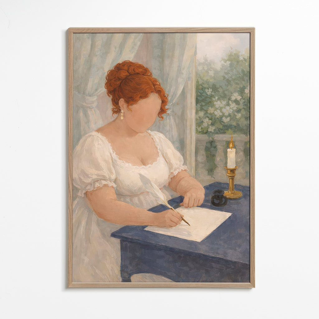 Illustration einer Dame, die bei Kerzenlicht schreibt