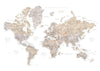 Detailed taupe watercolor world map with labels in Spanish, Abey