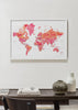 Detailed hot pink watercolor world map with labels in Spanish, Tatiana