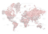 Detailed dusty pink watercolor world map with labels in Spanish, Piper